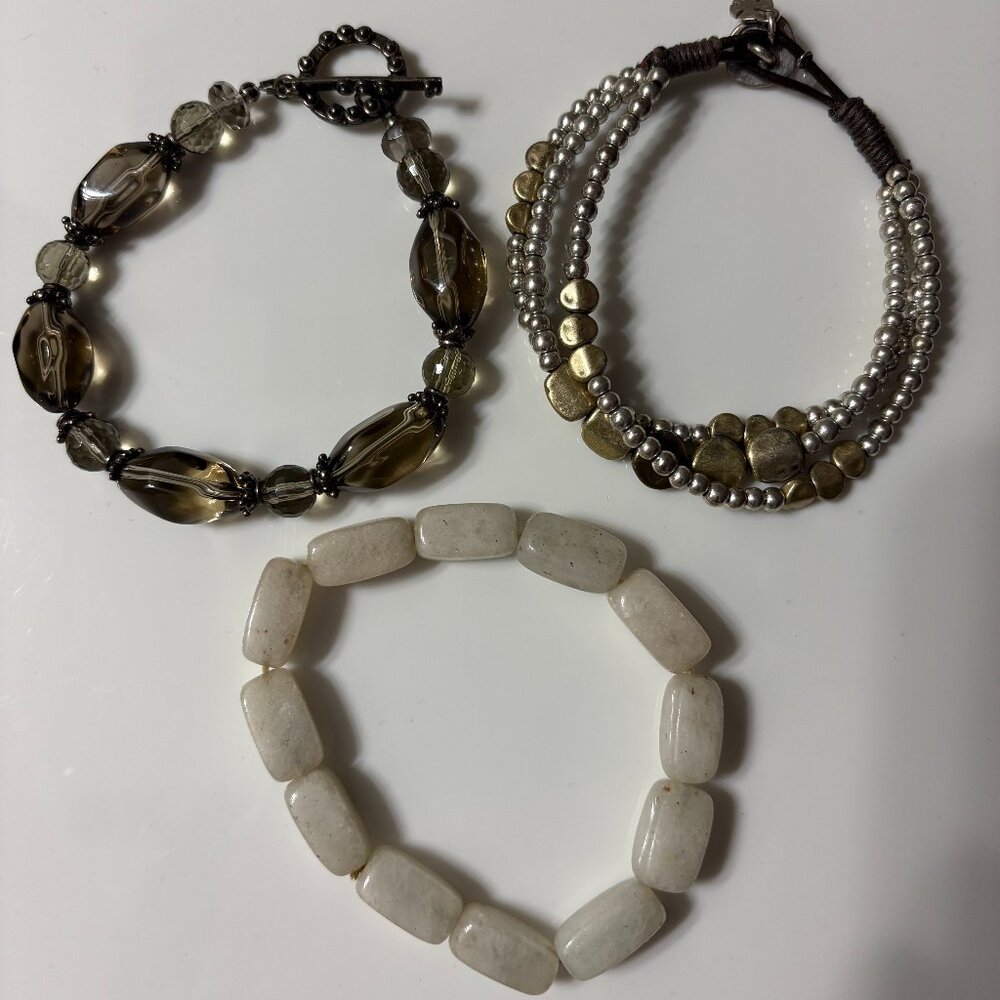 Bundle of 3 Bracelets Smoky Quartz Stone Calcite Lucky Brand Gold Tone Beads